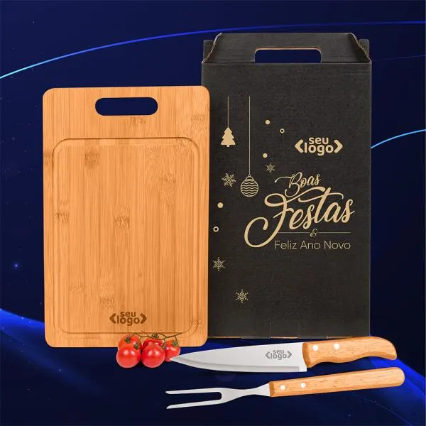 Composto por tábua para Churrasco / Cozinha em Bambu; faca 7 e garfo trinchante em Madeira/Inox.