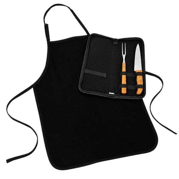 Kit Garfo, Faca  Inox/Bambu Com Estojo E Avental - 4 pçs