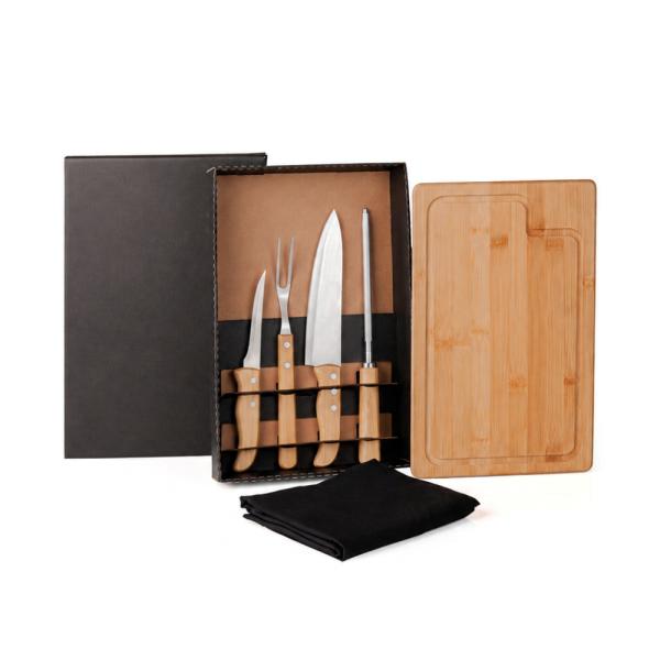 Kit Para Churrasco Em Bambu / Madeira / Inox Com Avental - 6 pçs