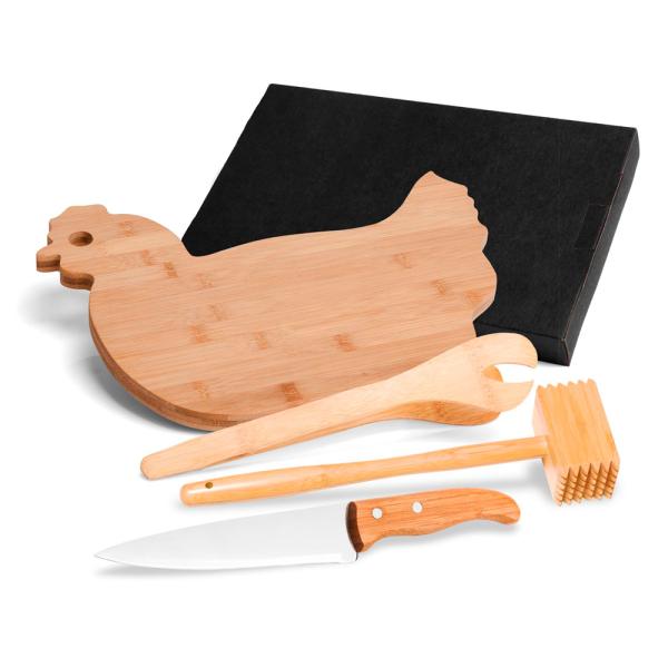 Kit Para Cozinha Em Bambu Com Tábua Formato Galinha
