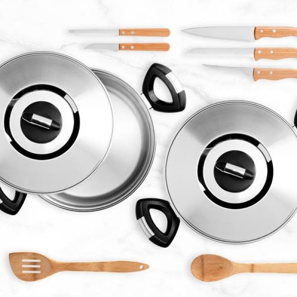 Kit Para Cozinha Em Bambu / Madeira / Inox - 18Pçs
