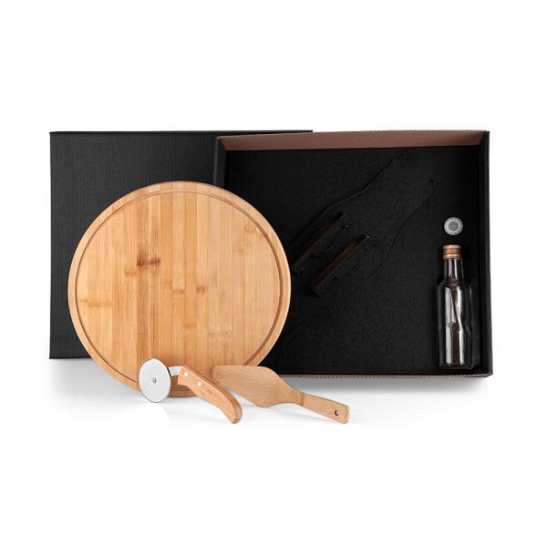 Kit Para Pizza Com Garrafa - Bambu / Inox / Vidro - 4 pçs