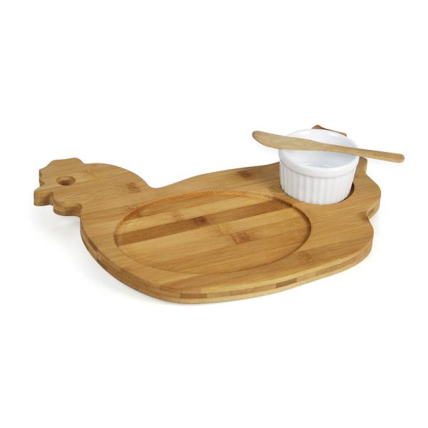 Kit Petisco Em Bambu / Porcelana Com Tábua Formato Galinha