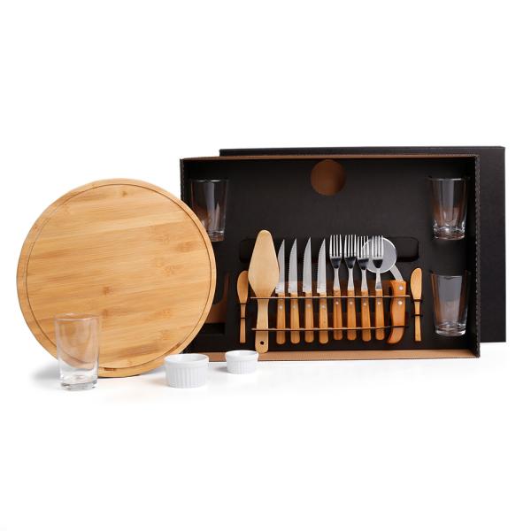 Kit Pizza Em Bambu Com Copos - 19 pçs