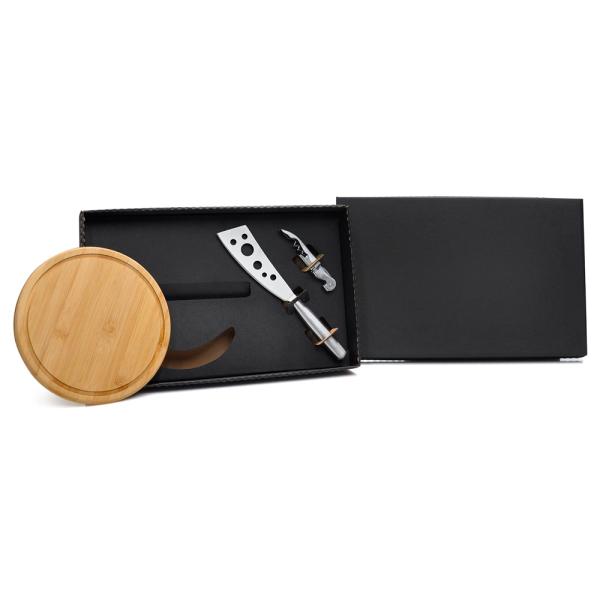 Kit Queijo E Vinho C/ Tábua, Faca E Abridor - 3 pçs