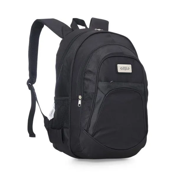 Mochila preta em Poliester 600D/1680D com alças para as costas, alça para as mãos, compartimento para notebook de até 15, 3 bolsos externos com zíper e 2 bolsos externos em tela.
