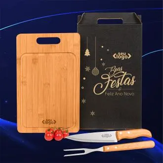 CONJ. PARA CHURRASCO EM BAMBU / MADEIRA / INOX - 3 PÇS - Brindes de final de ano para festejar - Só Marcas Brindes Corporativos e Brindes Personalizados